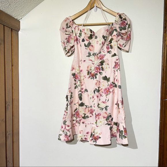 Floral Rouched Sleeve Off the Shoulder Pink Dress - Picture 5 of 6
